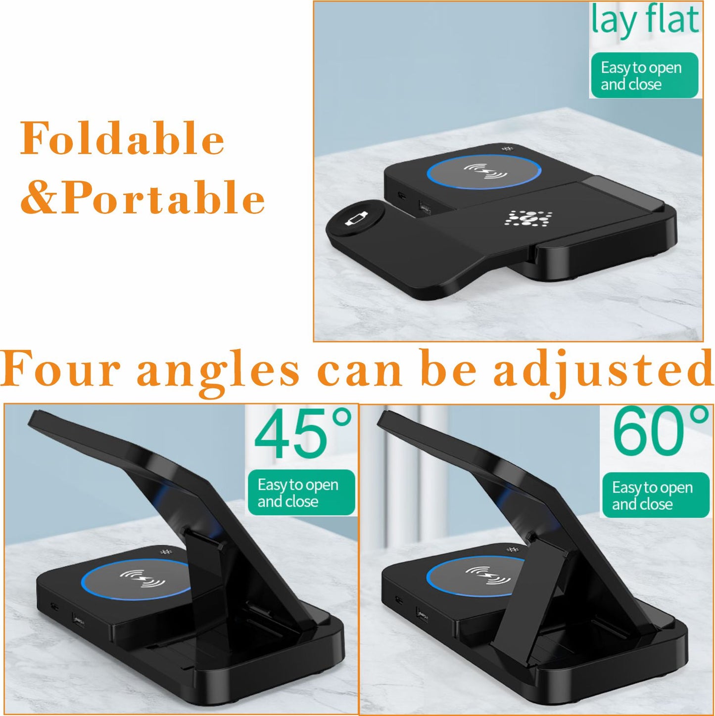 4 in 1 Wireless Charging Station for Samsung & Android Multiple Devices Foldable Fast Wireless Charger Dock Stand for Phone Galaxy Z Flip 4/3 Z Fold S23 S22 S20 Ultra, Galaxy Watch 5/4/3 Galaxy Buds