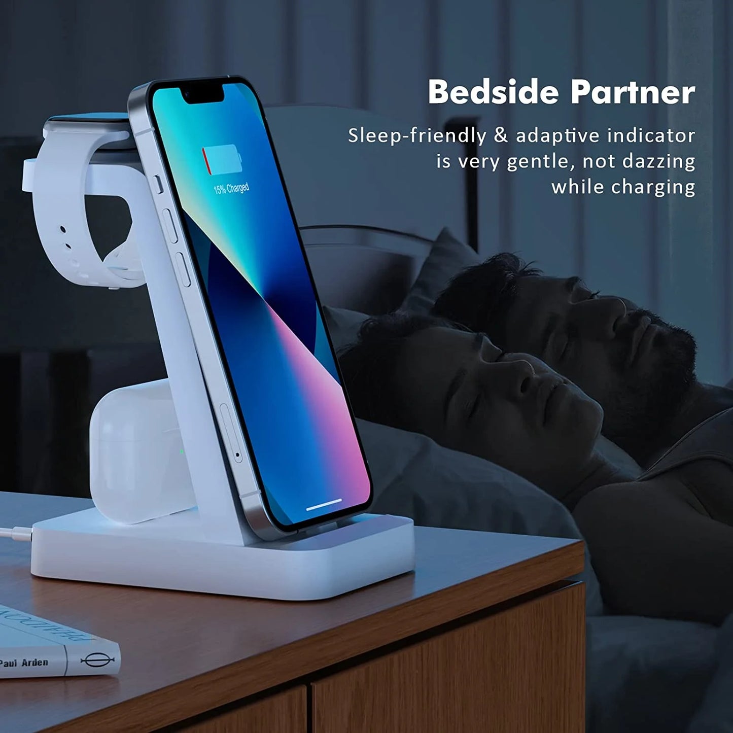 Charger Station for Apple Multiple Devices - 3 in 1 Fast Wireless Charging Dock Stand for Apple Watch & for Iphone 14 13 12 with Adapter, White