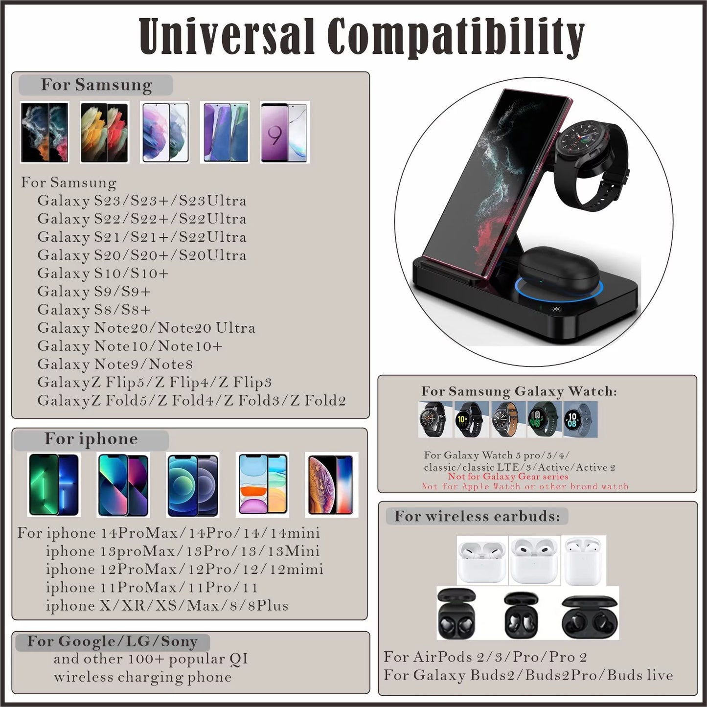 4 in 1 Wireless Charging Station for Samsung & Android Multiple Devices Foldable Fast Wireless Charger Dock Stand for Phone Galaxy Z Flip 4/3 Z Fold S23 S22 S20 Ultra, Galaxy Watch 5/4/3 Galaxy Buds