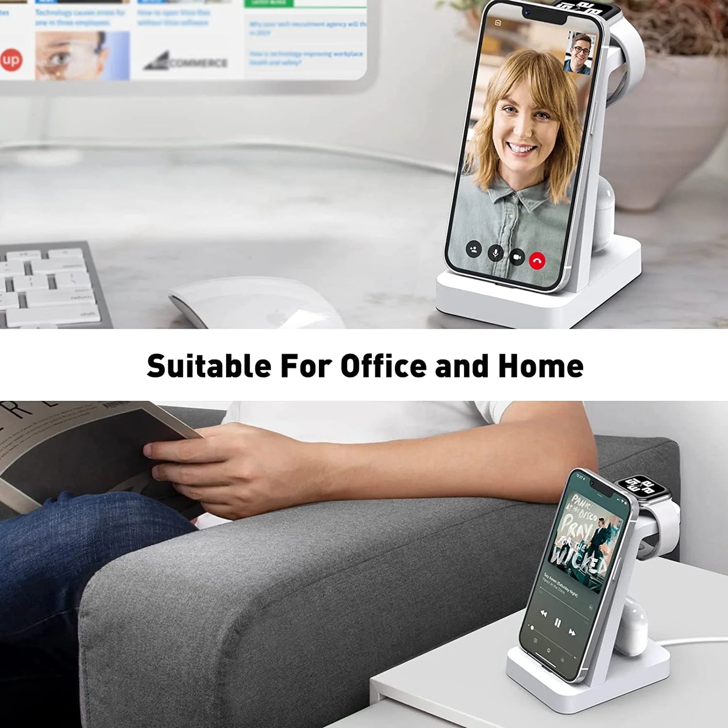 Charger Station for Apple Multiple Devices - 3 in 1 Fast Wireless Charging Dock Stand for Apple Watch & for Iphone 14 13 12 with Adapter, White
