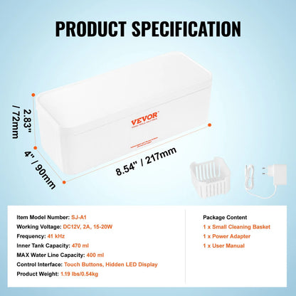 VEVOR Jewelry Cleaner Ultrasonic Machine, Ultrasonic Cleaner Machine 16Oz (470Ml) with 4 Timer Modes, Portable Ultrasonic Jewelry Cleaner with Cleaning Basket for Eyeglasses, Watches, Dentures, Rings