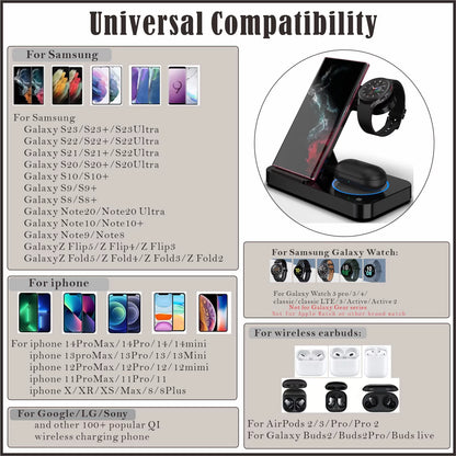 4 in 1 Wireless Charging Station for Samsung & Android Multiple Devices Foldable Fast Wireless Charger Dock Stand for Phone Galaxy Z Flip 4/3 Z Fold S23 S22 S20 Ultra, Galaxy Watch 5/4/3 Galaxy Buds